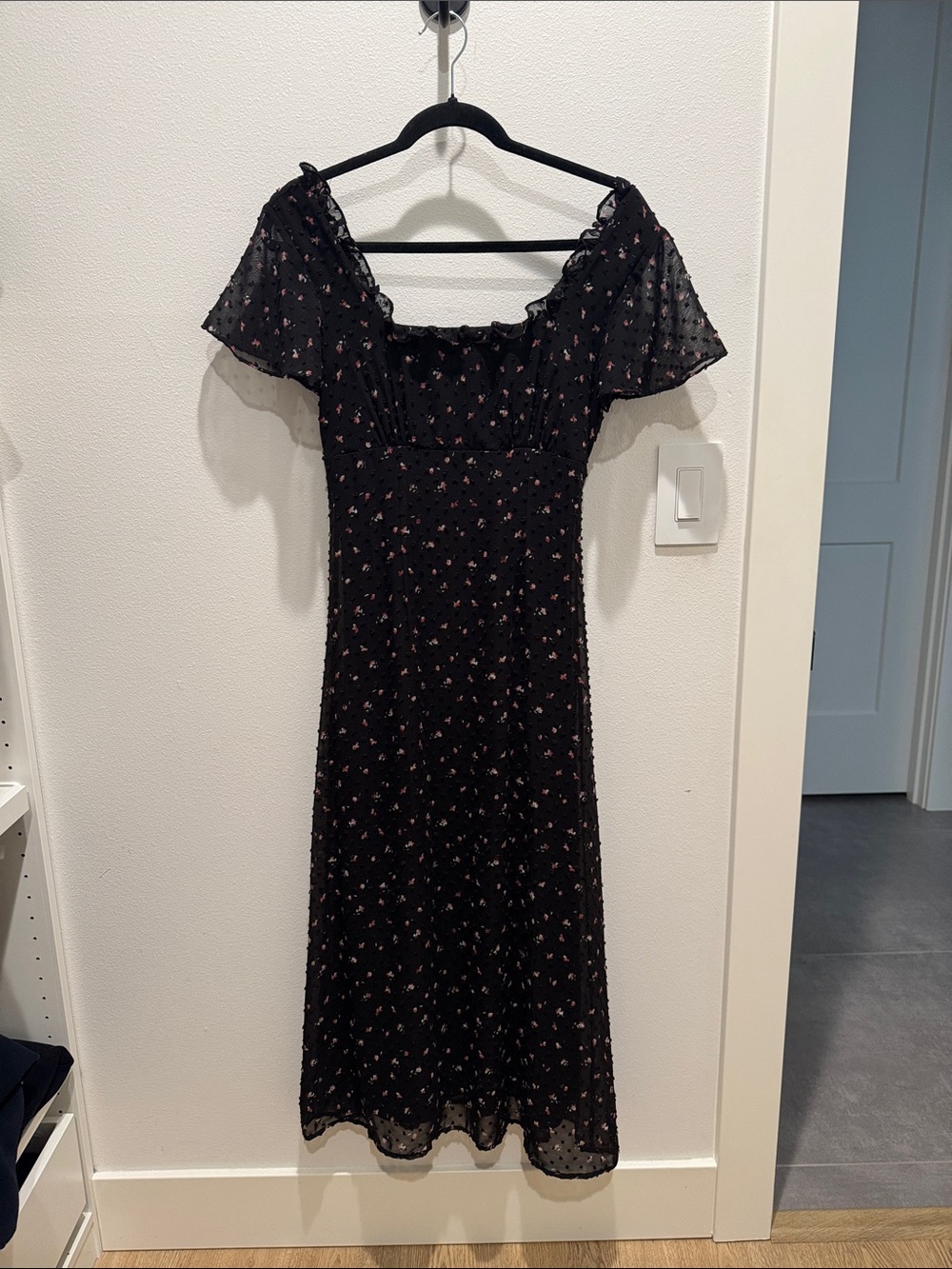Lulu's Black Midi Dress with Pink Floral Print and Puff Sleeves